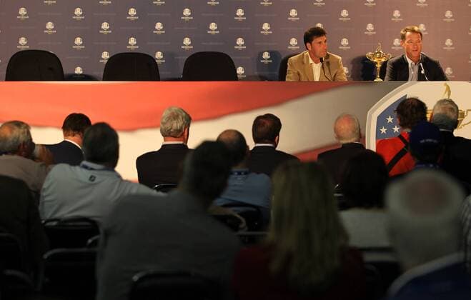 PGA-Ryder Cup 2012 Jose Maria Olazabal and Davis Love III answer questions in the Medinah media center Monday afternoon. 