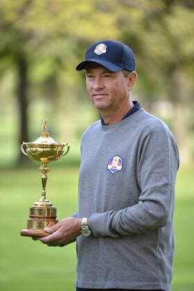 United States Ryder Cup team captain Davis Love III poses for photos at the 39th Ryder Cup at Medinah Country Club on Tuesday, September 25, 2012 in Medinah, Illinois. Ryder Cup tournament play begins Friday.  BKX2012092548