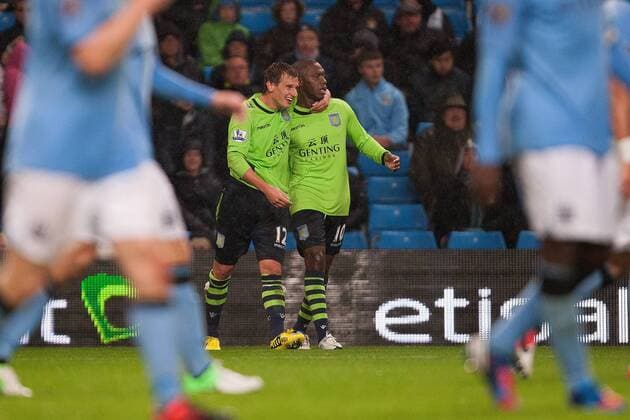 Capital One Cup - Manchester City vs. Aston Villa -- Marc Albrighton of Aston Villa celebrates with goal scorer Charles N Zogbia following his extra time goal at the Etihad Stadium 