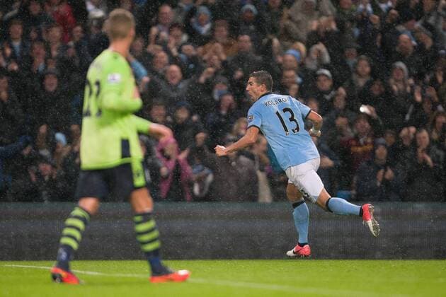 Capital One Cup - Manchester City vs. Aston Villa -- Aleksander Kolarov of Manchester City celebrates scoring his sides second goal at the Etihad Stadium 