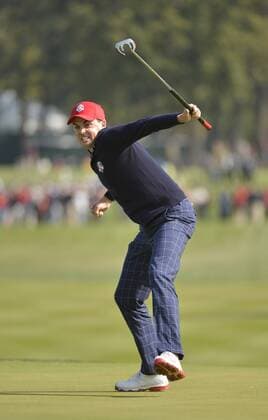 Team USA s Keegan Bradley reacts after sinking a birdie putt to win his match on the 15th hole at the 39th Ryder Cup at Medinah Country Club on September 28, 2012 in Medinah, Illinois.  BKX2012092840