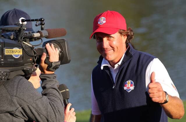 Golf- Ryder Cup 2012- Friday PM Four-ball Phil Mickelson is all smiles during a BBC chat at the 17th hole at Medinah Country Club, Chicago, USA. 
