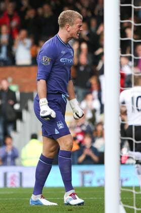 Football - Premier League - Fulham FC vs Manchester City Manchester City keeper Joe Hart upset after letting in a penalty at Craven Cottage, London, England 