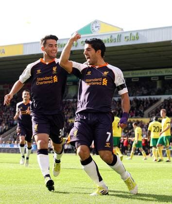 Football - Premier League - Norwich City vs. Liverpool FC - Luis Suarez celebrates with Suso after he opens the scoring at Carrow Road, Norwich  4318-4318
