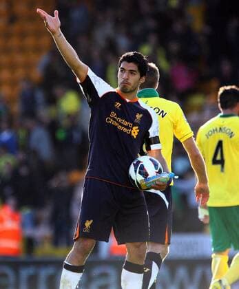 Football - Premier League - Norwich City vs. Liverpool FC - Luis Suarez salutes the fans at the final whistle at Carrow Road, Norwich  4318-4318