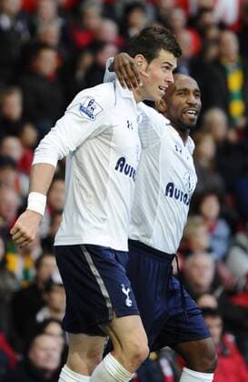 Gareth Bale of Tottenham celebrates scoring the second goal -Barclays Premier League - Manchester United (ManU) vs Tottenham Hotspur - Old Trafford Stadium - Manchester - 29 09 12 - EDITORIAL USE ONLY. No use with unauthorised audio, video, data, fixture lists, club league logos or live services. Online in-match use limited to 120 images, no video emulation. No use in betting, games or single club league player publications.
