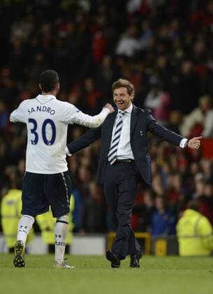 Andre Villas Boas manager of Tottenham celebrates with Sandro of Tottenham - Barclays Premier League - Manchester United (ManU) vs Tottenham Hotspur - Old Trafford Stadium - Manchester - 29 09 12 - EDITORIAL USE ONLY. No use with unauthorised audio, video, data, fixture lists, club league logos or live services. Online in-match use limited to 120 images, no video emulation. No use in betting, games or single club league player publications.