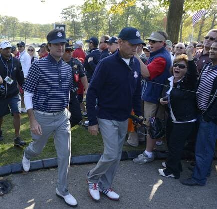 Team USA s Bubba Watson and Team USA captain Davis Love III walk to the 13th tee at the 39th Ryder Cup at Medinah Country Club on September 29, 2012 in Medinah, Illinois.  BKX2012092915
