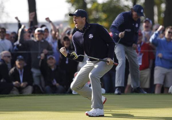 Sept. 29, 2012 - Medinah, Illinois, U.S. - Team USA s KEEGAN BRADLEY, left, and PHIL MICKELSON celebrate winning the 9th hole on their way to defeating Team Europe s Lee Westwood and Luke Donald during the Ryder Cup golf tournament at Medinah Country Club. Golf 2012 - Ryder Cup - Day Five - ZUMAm67