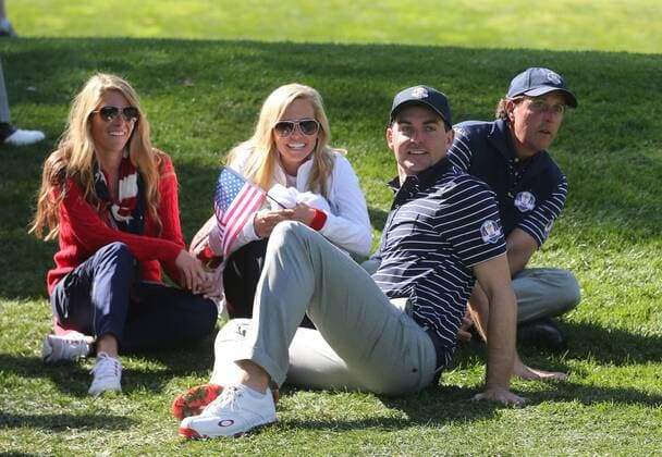 Sept. 29, 2012 - Medinah, IL, USA - Team USA s Keegan Bradley, 2nd from right, and teammate Phil Mickelson, right, watch the action with Phil s wife Amy Mickelson, center, and Keegan Bradley s girlfriend Jillian Stacey during the Ryder Cup golf tournament at Medinah Country Club in Medinah, Illinois, on Saturday, September 29, 2012. Ryder Cup golf tournament - ZUMAm67
