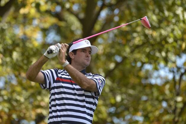 Team USA s Bubba Watson tees off on the third hole during the singles matches at the 39th Ryder Cup at Medinah Country Club on September 30, 2012 in Medinah, Illinois.  CHI2012093008