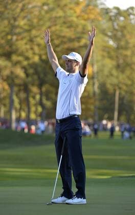 Team Europe s Martin Kaymer of Germany celebrates after sinking a par putt on the 18th hole to win his match 1 up over Team USA s Steve Stricker and secure the Ryder Cup for Team Europe at the 39th Ryder Cup at Medinah Country Club on September 30, 2012 in Medinah, Illinois. Team Europe defeated Team USA 14 1 2 to 13 1 3 points.  CHI2012093015