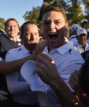 Team Europe s Sergio Garcia of Spain (L) and Martin Kaymer of Germany celebrate after Kaymer beat Team USA s Steve Stricker 1 up to secure the Ryder Cup for Europe at the 39th Ryder Cup at Medinah Country Club on September 30, 2012 in Medinah, Illinois. Team Europe defeated Team USA 14 1 2 to 13 1 3 points.  CHI2012093020