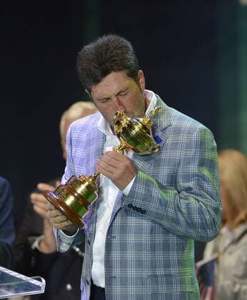Team Europe captain Jose Maria Olazabal of Spain kisses the Ryder Cup at the closing ceremony at the 39th Ryder Cup at Medinah Country Club on September 30, 2012 in Medinah, Illinois. Team Europe defeated Team USA 14 1 2 to 13 1 3 points.  CHI2012093031