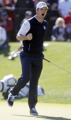 Team Europe s Justin Rose, of England, reacts after making a putt to keep even on the 16th hole with USA s Phil Mickelson at the 39th Ryder Cup at Medinah Country Club on September 29, 2012 in Medinah, Illinois. Europe came from behind to win the Cup 14 1 2 to 13 1 2.  MED2012093031