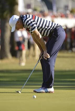 Team USA s Jim Furyk reacts after missing a par putt on the 18th hole and losing his match on the 18th hole at the 39th Ryder Cup at Medinah Country Club on September 30, 2012 in Medinah, Illinois. Team Europe defeated Team USA 14 1 2 to 13 1 3 points.  CHI2012093039