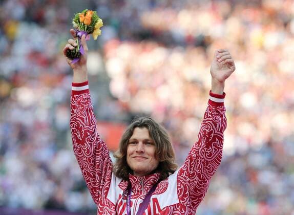 United Kingdom. London. 08 aug. 2012. Summer Olympic Games. Olympic Stadium. Athletics. Men s High Jump. Award ceremony. UKHOV Ivan (RUS) - Olympic Champion. 