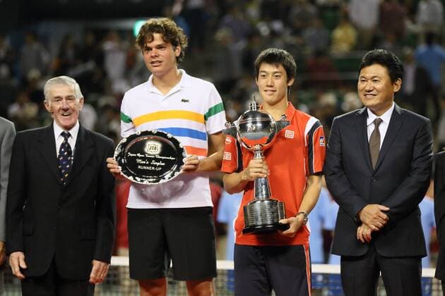 (L-R) Ken Rosewall, Milos Raonic (CAN), Kei Nishikori (JPN), Hiroshi Mikitani, OCTOBER 7, 2012 - Tennis : From left, Milos Raonic of Canada, Kei Nishikori of Japan and Rakuten s CEO Hiroshi Mikitani are seen during awards ceremony of the Japan Open tennis championships at Ariake colosseum in Tokyo, October 7, 2012. Nishikori defeated Raonic 7-6(5), 3-6, 6-0 to become the tournament s first Japanese champion since it became an ATP Tennis Herren event in 1973.  (peda000296)