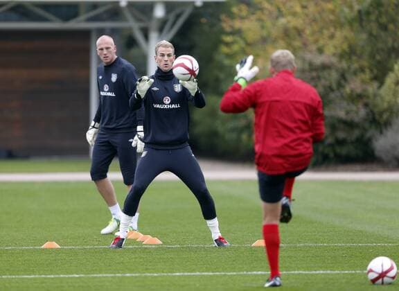 England s Joe Hart during training..England Training - London Colney- 11 10 12 - Picture David Klein Sportimage EDITORIAL USE ONLY. No use with unauthorised audio, video, data, fixture lists, club league logos or live services. Online in-match use limited to 120 images, no video emulation. No use in betting, games or single club league player publications.