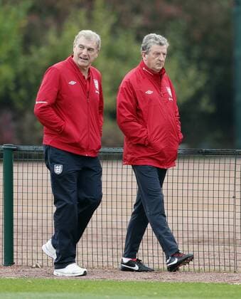 England s Sir Trevor Brooking and Roy Hodgson during training..England Training - London Colney- 11 10 12 - Picture David Klein Sportimage EDITORIAL USE ONLY. No use with unauthorised audio, video, data, fixture lists, club league logos or live services. Online in-match use limited to 120 images, no video emulation. No use in betting, games or single club league player publications.