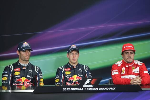 14.10.2012- Race, Press conference, Mark Webber (AUS) Red Bull Racing RB8, Sebastian Vettel (GER) Red Bull Racing RB8 and Fernando Alonso (ESP) Scuderia Ferrari F2012 