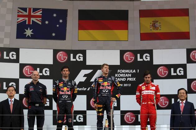 14.10.2012- Race, Adrian Newey (GBR), Red Bull Racing , Technical Operations Director, 2nd position Mark Webber (AUS) Red Bull Racing RB8, Sebastian Vettel (GER) Red Bull Racing RB8 race winner and 3rd position Fernando Alonso (ESP) Scuderia Ferrari F2012 