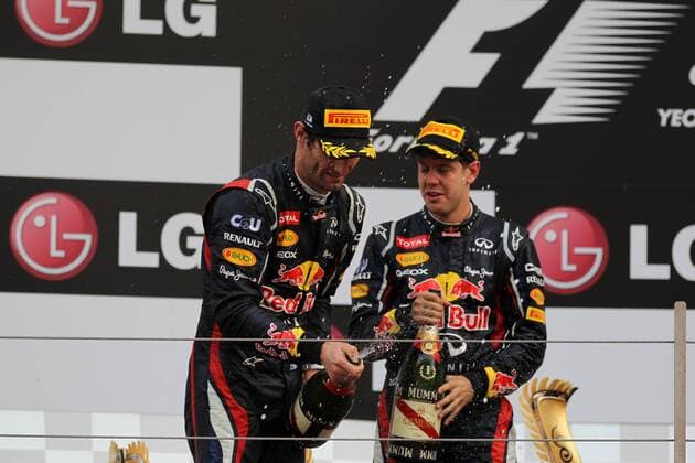 14.10.2012- Race, 2nd position Mark Webber (AUS) Red Bull Racing RB8 and Sebastian Vettel (GER) Red Bull Racing RB8 race winner 