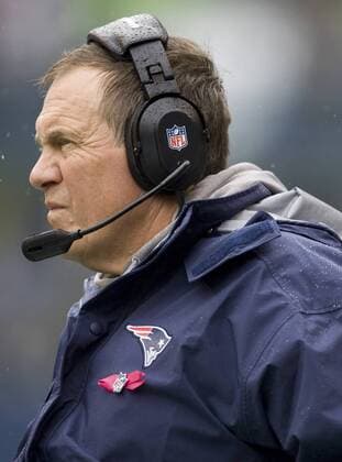 New England Patriots Head Coach Bill Belichick watches from the sidelines during their game against the Seattle Seahawks at CenturyLink Field in Seattle, Washington on October 14, 2012. With 1:18 remaining the Seahawks rallied for 14 points to stun the New England Patriots 24-23.  SEA2012101427