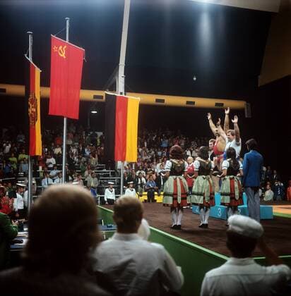Munich. FRG. 20th Summer Olympics. Weightlifting competitions (over 105 kg class). Podium, from left to right: Rudolf Mang (FRG, 2nd place), Vasily Aksyonov (USSR, 1st place), and Gerhard Bonk (GDR, 3rd place).  TASS_1418053