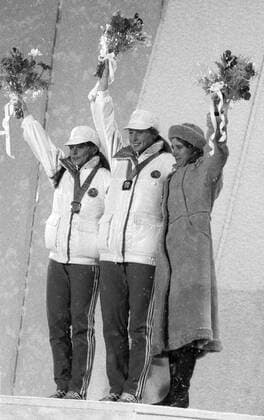Sarajevo. The 14th Winter Olympics. Winners of speed skating competitions on the distance of 1500 meters (L-R): Andrea Shene (GDR, 2nd place); Karin Enke (GDR, 1st place), Natalya Petruseva (USSR, 3rd place).  TASS_1246389
