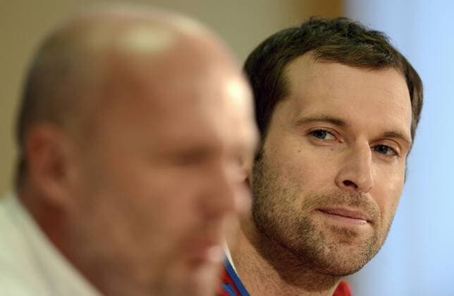 Michal Bilek, coach and Petr Cech (right), captain of Czech Republic national soccer team speaks during press conference in Prague, Czech Republic on October 15, 2012 ahead of the World Cup Group B qualifying soccer match Czech Republic vs Bulgaria. (CTKxPhoto KaterinaxSulova) CTKPhotoP201210150697601  SUK2