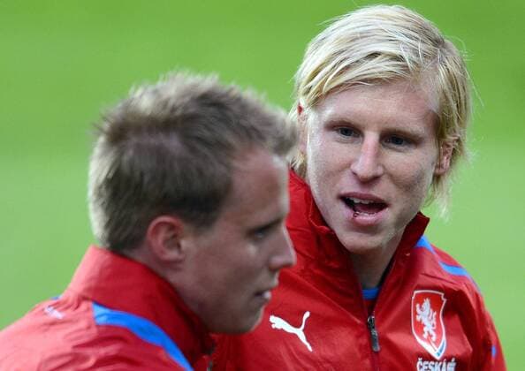 From left: players David Limbersky and Frantisek Rajtoral of Czech Republic national soccer team pictured during training in Prague, Czech Republic on October 15, 2012 ahead of the World Cup Group B qualifying soccer match Czech Republic vs Bulgaria. (CTKxPhoto KaterinaxSulova) CTKPhotoP201210150766301  SUK11