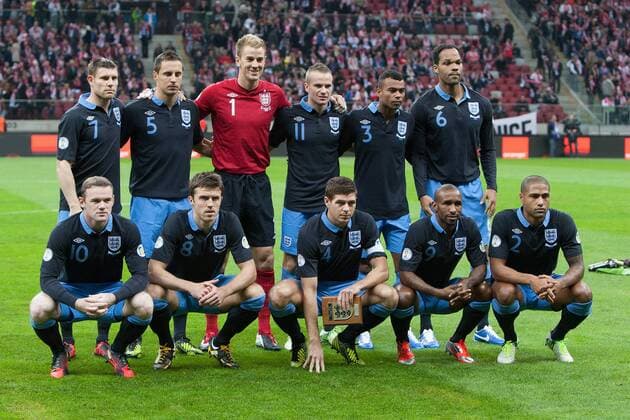 World Cup Qualifier -- England team group at the National Stadium, Warsaw Back row (L-R): James Milner, Phil Jagielka, Joe Hart, Tom Cleverley, Ashley Cole, Joleon Lescott Front row (L-R): Wayne Rooney, Michael Carrick, Steven Gerrard, Jermaine Defoe, Glen Johnson 