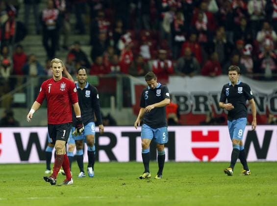 England s Joe Hart looks on dejected at the final whistle..Poland v England - FIFA World Cup Qualifier - National Stadium, Warsaw Stadium- 17 10 12 - Picture David Klein Sportimage EDITORIAL USE ONLY. No use with unauthorised audio, video, data, fixture lists, club league logos or live services. Online in-match use limited to 120 images, no video emulation. No use in betting, games or single club league player publications.