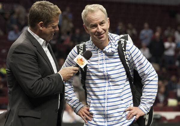 Oct. 17, 2012 - Chicago, Illinois, United States of America - Tennis great JOHN MCENROE is interviewed after his semi-final match win against IVAN LENDL at the 2012 Powershares QQQ Challenge, held at the United Center. TENNIS 2012 - 2012 Powershares QQQ Challenge - ZUMAt10