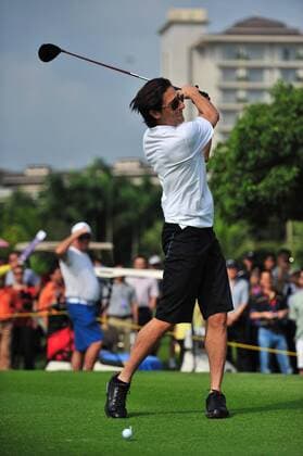 US actor and film producer Adrien Brody plays a shot during the 2012 Mission Hills World Celebrity Pro-Am golf tournament in Haikou city, south Chinas Hainan province, 19 October 2012. Stars kick off World Celebrity Pro-Am golf tournament in Haikou  20121019_35417