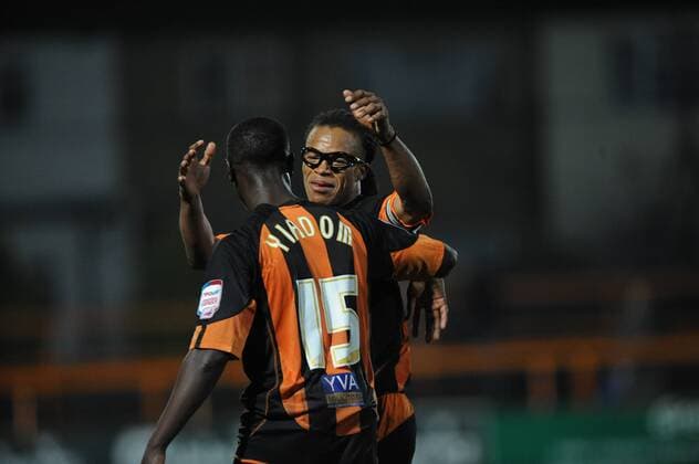 19.10.2012 Barnet, England. Andy Yiadom (Barnet) celebrates his goal with Edgar Davids during the League Two game between Barnet and Northampton Town from the Underhill Stadium. xSimonxGillx  ActionPlus11339034