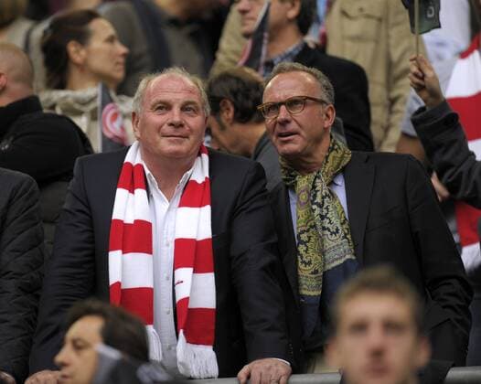 20.10.2012, Fussball 1.Bundesliga 2012 2013, 8.Spieltag, Fortuna Düsseldorf - FC Bayern München, in der ESPRIT-Arena Düsseldorf, v.li: Präsident Uli Hoeneß (München,,, Hoeness, Hoeneß) und Vorstandsvorsitzender Karl-Heinz Rummenigge (München) auf der Tribüne.
