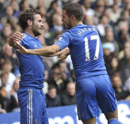 20.10.2012 London, England. Chelsea s Juan Mata celebrates his goal with Chelsea s Eden Hazard during the Premier League game between Tottenham Hotspur and Chelsea FC London from White Hart Lane. Chelsea finished with a late flourish coming from behind to win by a score of 2-4. xStephenxBartholomewx  ActionPlus11339160