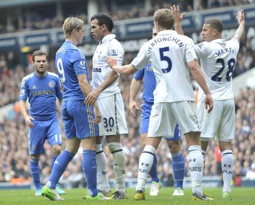 20.10.2012 London, England. Tottenham s Sandro and Chelsea s Fernando Torres exchange words during the Premier League game between Tottenham Hotspur and Chelsea FC London from White Hart Lane. Chelsea finished with a late flourish coming from behind to win by a score of 2-4. xStephenxBartholomewx  ActionPlus20198655