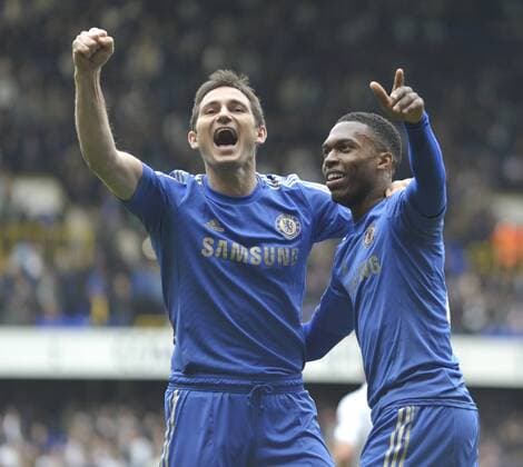 20.10.2012 London, England. Chelsea s Daniel Sturridge celebrates his goal with Chelsea s Frank Lampard during the Premier League game between Tottenham Hotspur and Chelsea FC London from White Hart Lane. Chelsea finished with a late flourish coming from behind to win by a score of 2-4. xStephenxBartholomewx  ActionPlus20198659