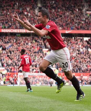 Football - Premier League - Manchester United (ManU) vs. Stoke City Robin van Persie of Manchester United celebrates scoring his sides second goal at Old Trafford 