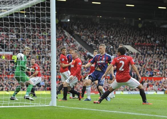 Ryan Shawcross of Stoke City scores the first goal - Barclays Premier League - Manchester United (ManU) vs Stoke City - Old Trafford Stadium - Manchester - 20 10 12 - EDITORIAL USE ONLY. No use with unauthorised audio, video, data, fixture lists, club league logos or live services. Online in-match use limited to 120 images, no video emulation. No use in betting, games or single club league player publications.