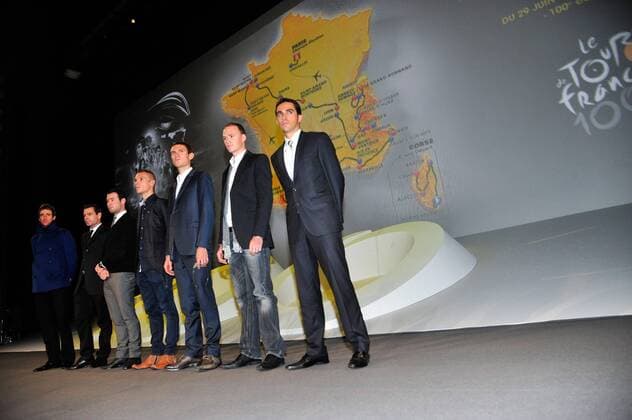 RADSPORT - Tour de France 2013, Vorschau, Strecken-Praesentation PARIS,FRANKREICH,24.OKT.12 - DIVERS, RADSPORT - Tour de France 2013, Vorberichte, Streckenpräsentation im Palais de Congres. Bild zeigt Bradley Wiggins (GBR Sky), Cadel Evans (AUS BMC), Mark Cavendish (GBR Omega Pharma-Quickstep), Philippe Gilbert (BEL BMC), Tejay van Garderen (USA BMC), Chris Froome (GBR Sky) und Alberto Contador (ESP Saxobank).