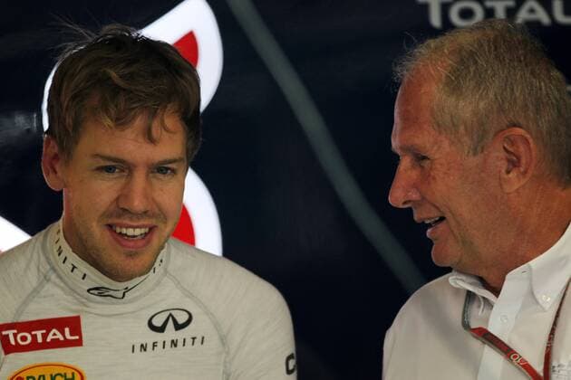 26.10.2012- Free Practice 1, Sebastian Vettel (GER) Red Bull Racing RB8 and Helmut Marko (AUT), Red Bull Racing, Red Bull Advisor Indian Grand Prix, Noida - October 2012 