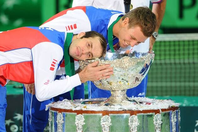 Radek Stepanek (Cze) and Tomas Berdych (Cze) with davis cup trophy TENNIS : CZE vs ESP - Finale - Daviscup - 18 11 2012 CouvercelleXTennismag 