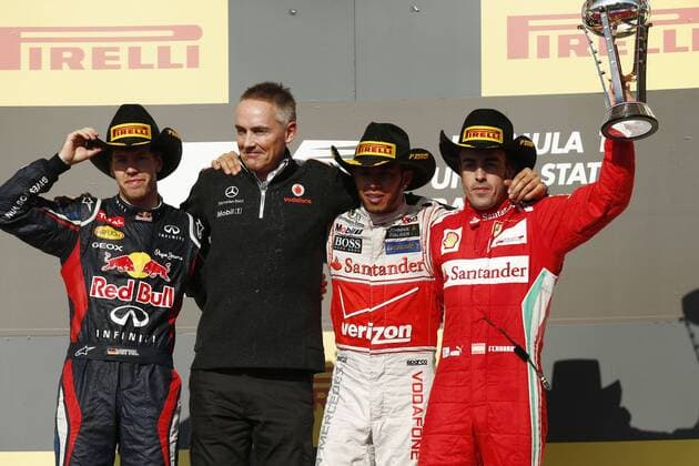 Motorsports: FIA Formula One World Championship 2012, Grand Prix of United States, 1 Sebastian Vettel (GER, Red Bull Racing), Martin Whitmarsh (GBR, Teamchef Vodafone McLaren Mercedes), 4 Lewis Hamilton (GBR, Vodafone McLaren Mercedes), 5 Fernando Alonso (ESP, Scuderia Ferrari), xHOCHxZWEIx
