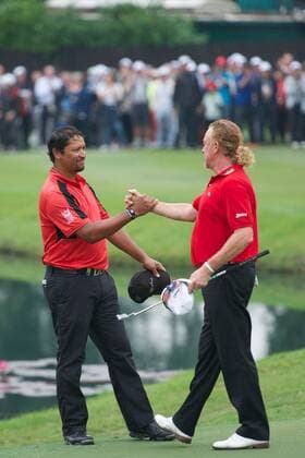 Nov 18, 2012; Hong Kong, CHINA; Miguel Angel Jimenez of Spain became the oldest European Tour winner on Sunday by achieving a 5-under 65 to capture his third Hong Kong Open title at The Hong Kong Golf Club. Michael Campbell of New Zealand. Hong Kong Open Day 4  - ZUMAs11