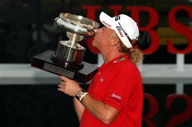 Nov 18, 2012; Hong Kong, CHINA; Miguel Angel Jimenez of Spain became the oldest European Tour winner on Sunday by achieving a 5-under 65 to capture his third Hong Kong Open title at The Hong Kong Golf Club. Hong Kong Open Day 4  - ZUMAs11