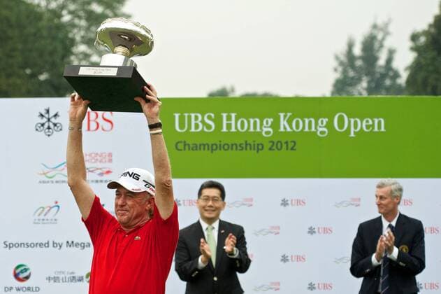 Nov 18, 2012; Hong Kong, CHINA; Miguel Angel Jimenez of Spain became the oldest European Tour winner on Sunday by achieving a 5-under 65 to capture his third Hong Kong Open title at The Hong Kong Golf Club. Hong Kong Open Day 4  - ZUMAs11
